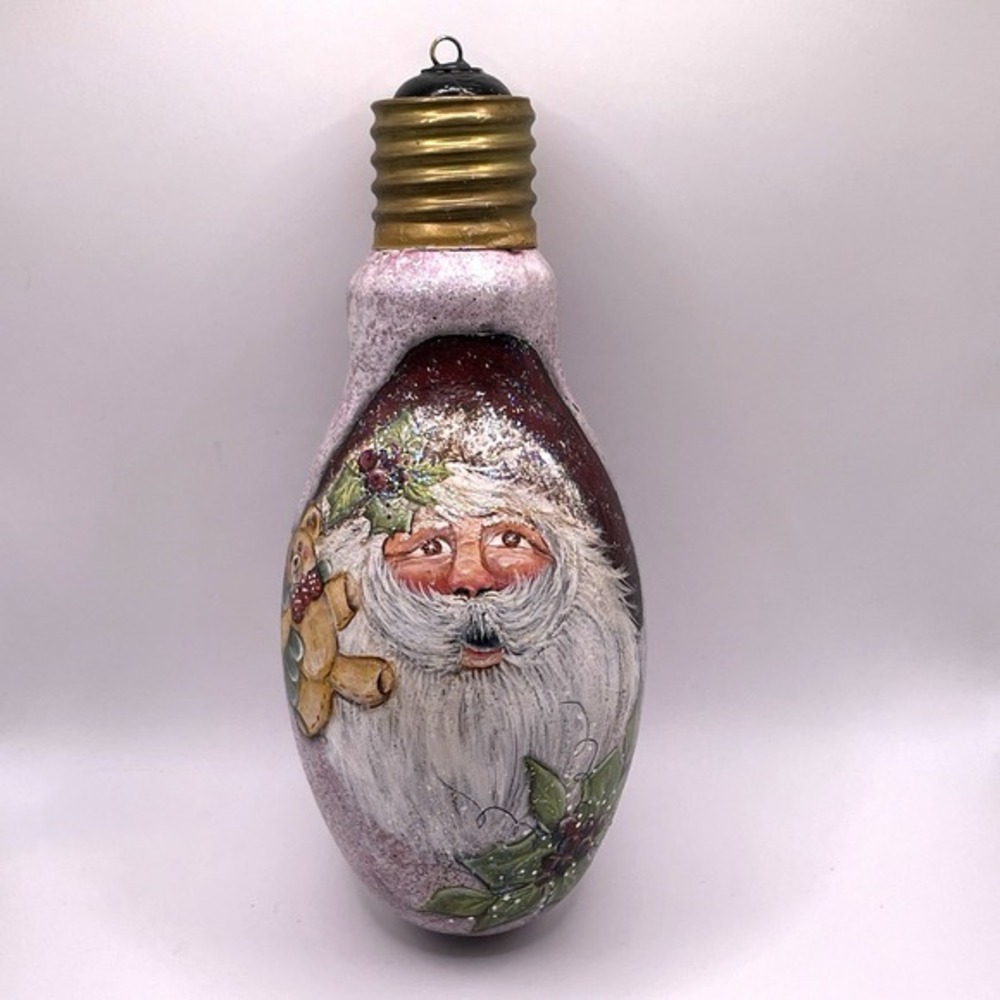 Vintage Hand Painted Santa Glass Light Bulb Christmas Ornament 9" Signed PR